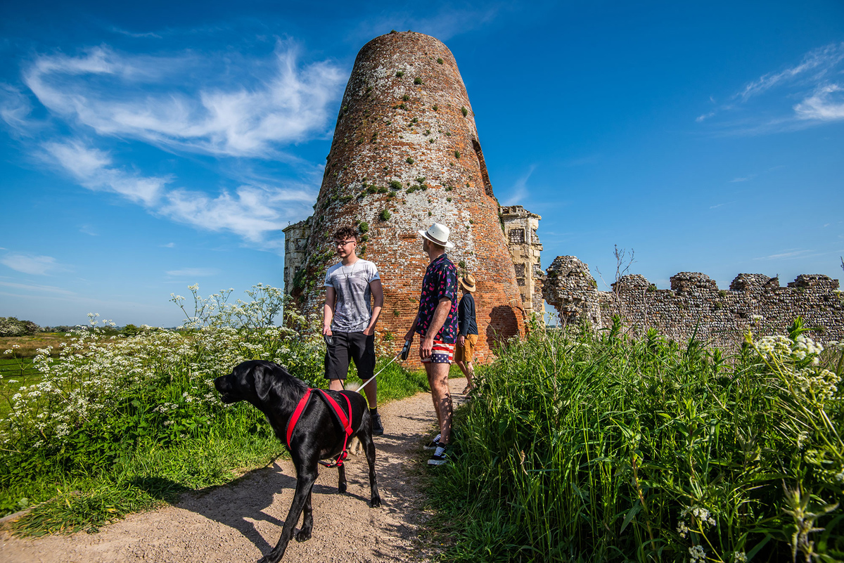 A group of people walking a dog infront of the ruins of red-bricked St Benet's Abbey on a sunny day with blue skies