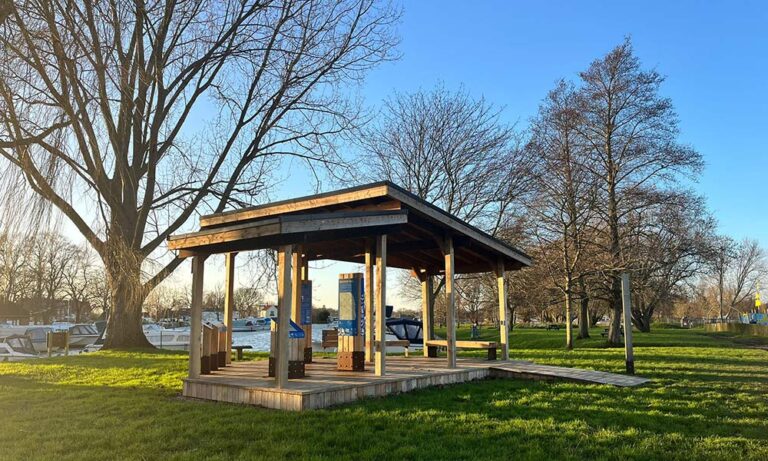 Riverside green space and moorings at Beccles Quay in Suffolk