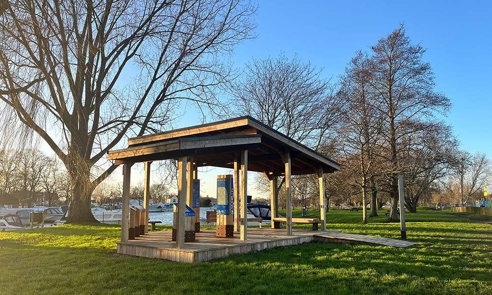 Riverside green space and moorings at Beccles Quay in Suffolk