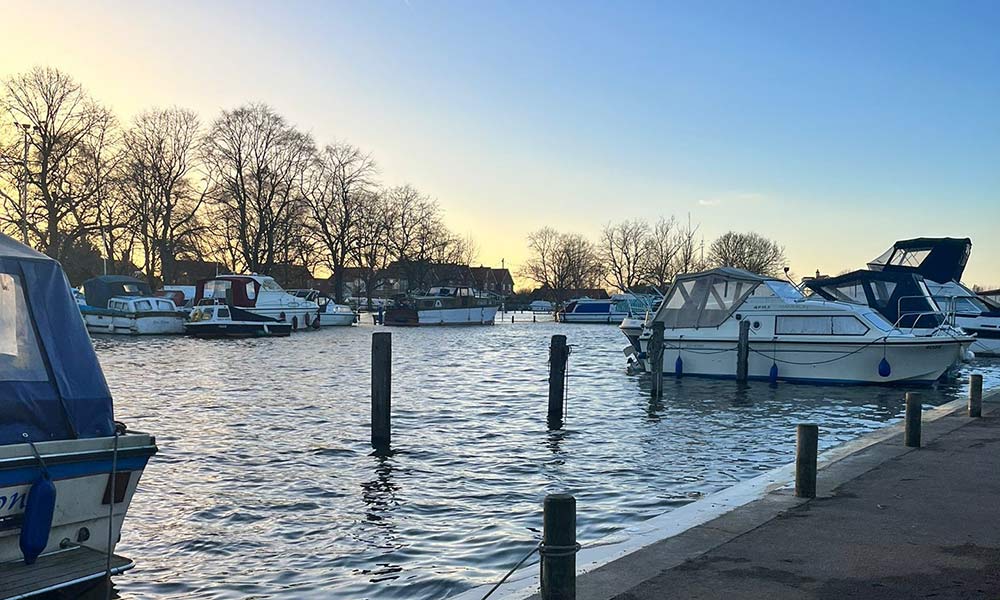 Sunset over the River Waveney at Beccles Quay moorings