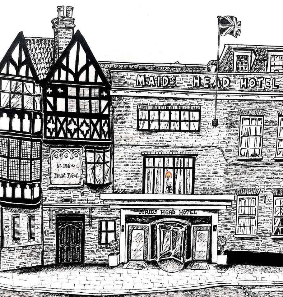 Maids Head Hotel, ink illustration