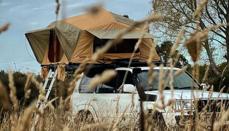 A car with tent on top, in a meadow