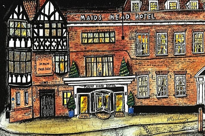 Pen and ink illustration of the Maids Head Hotel at night. With Christmas trees and lights shining in the windows