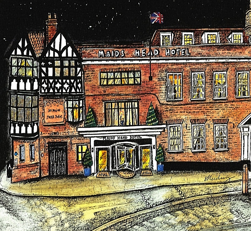 Pen and ink illustration of the Maids Head Hotel at night. With Christmas trees and lights shining in the windows