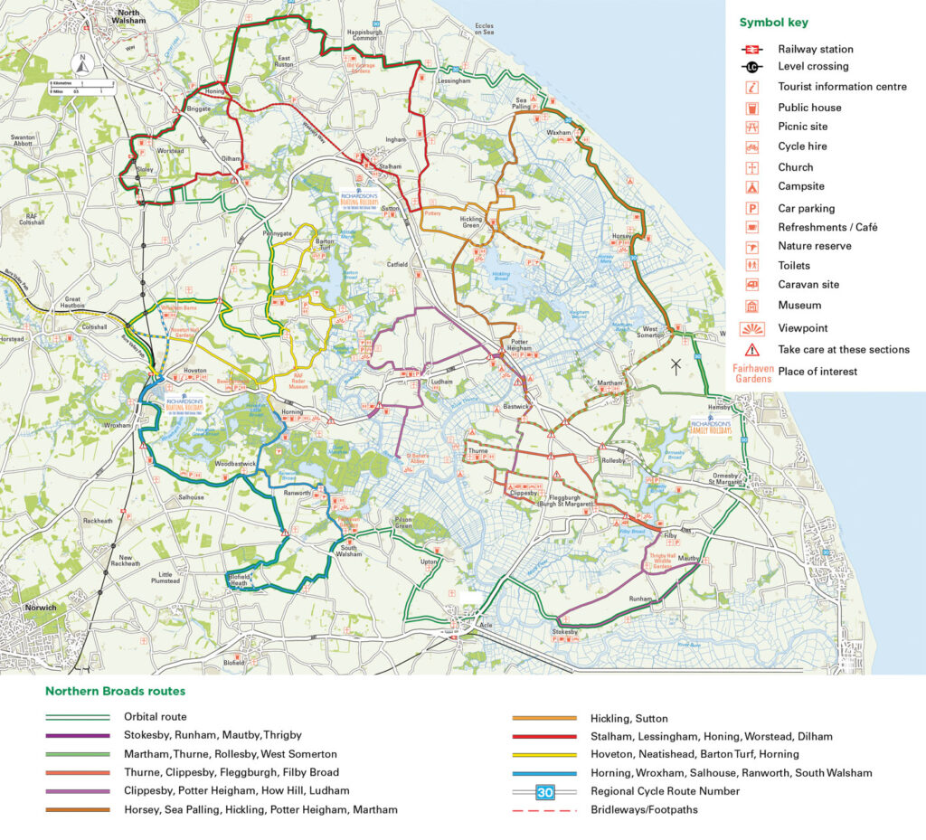 A map shpwing a selection of cycle routes through the Northern Broads