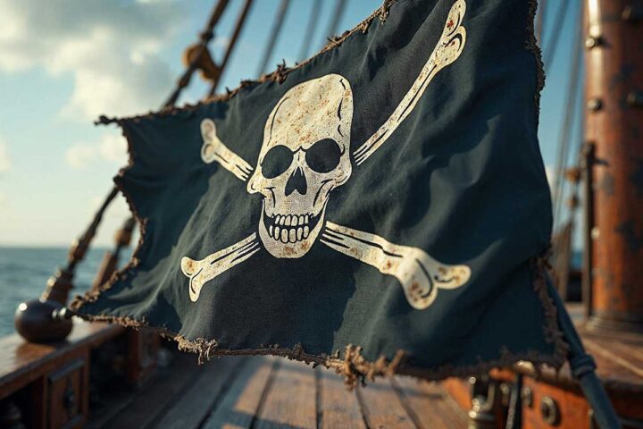 Pirate ship deck with a Jolly Roger flag (with frayed edges) flying.