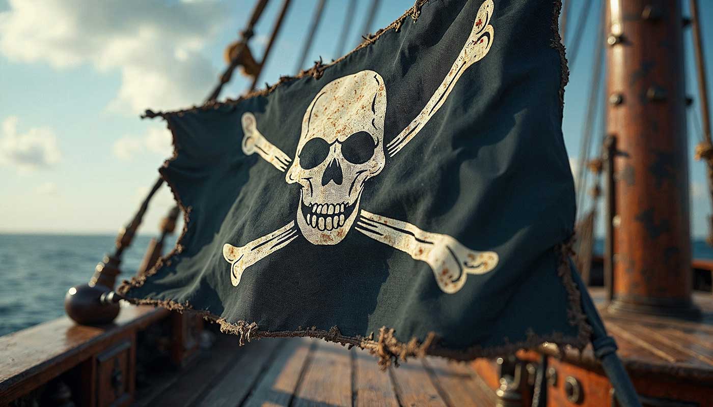 Pirate ship deck with a Jolly Roger flag (with frayed edges) flying.