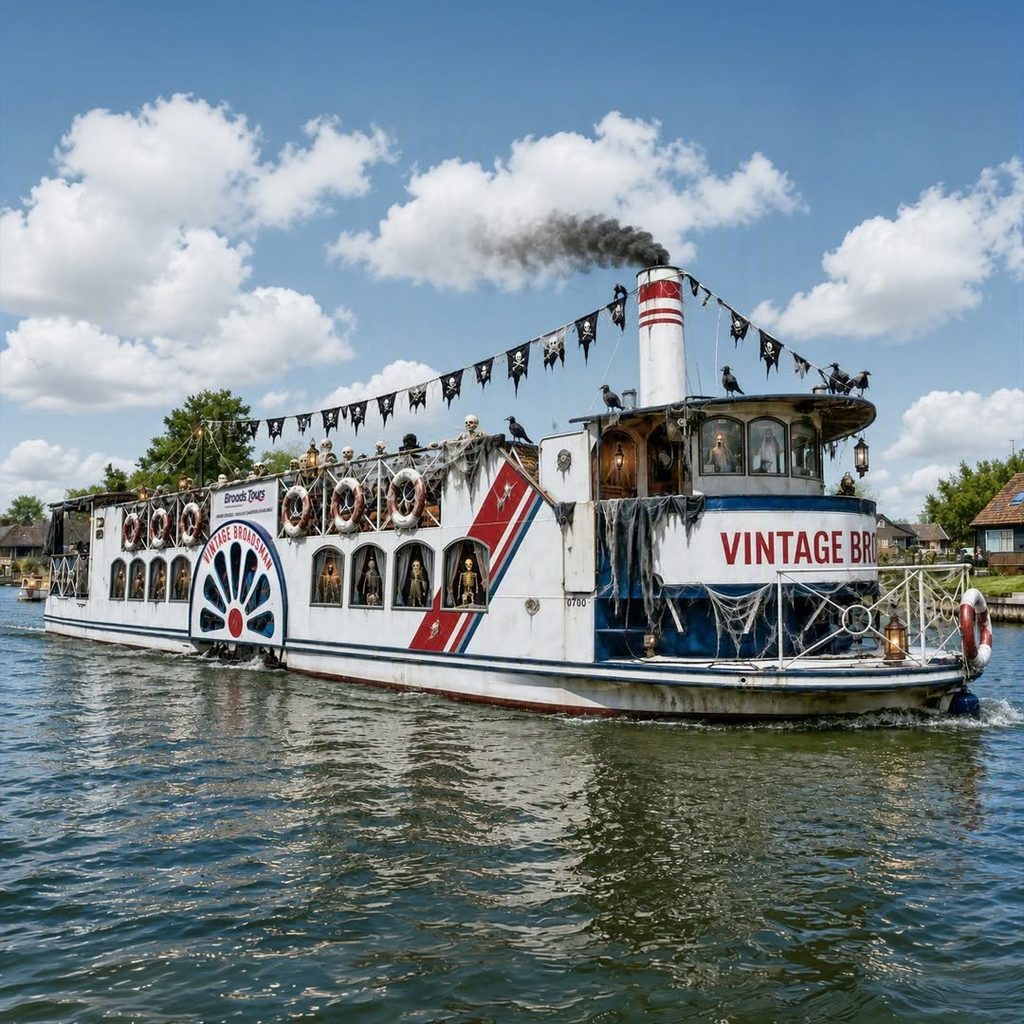The Vintage Broadsman tour boat, looking spooky and decked out in Halloween ghosts and ghouls